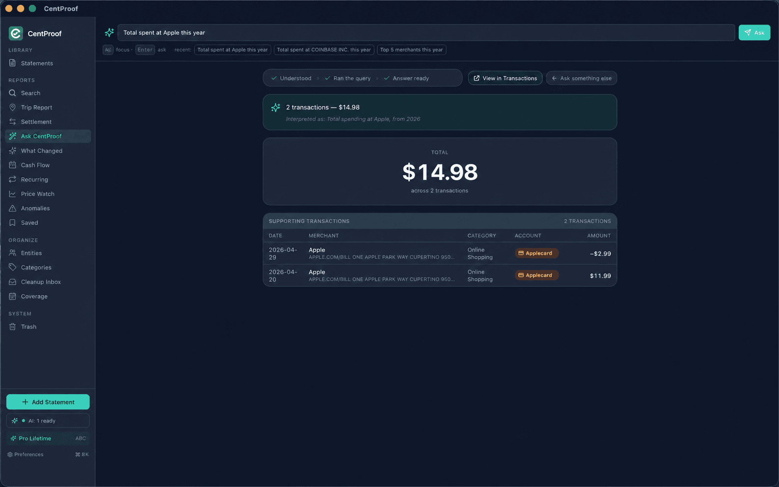 Ask CentProof — natural-language query screenshot