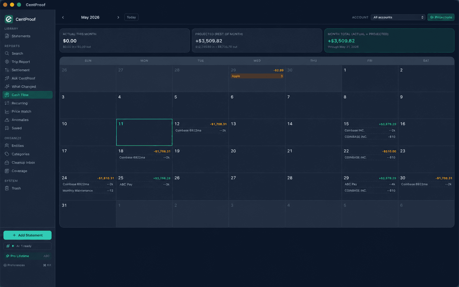 Cash-Flow Calendar — CentProof screenshot
