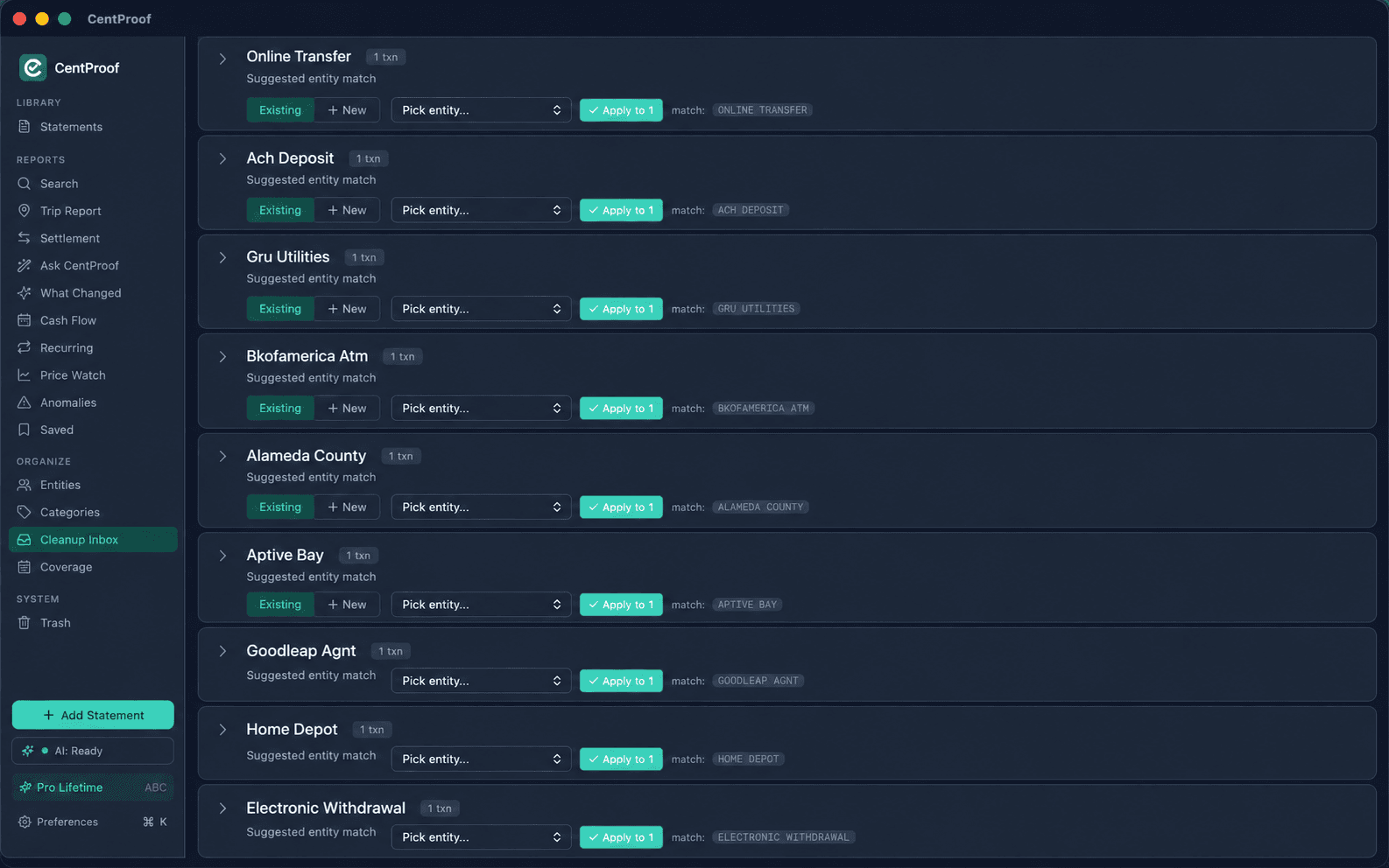 Cleanup Inbox — CentProof screenshot