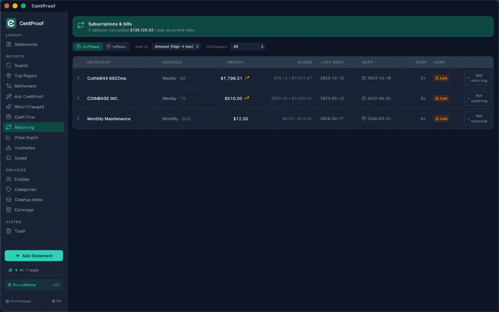 Recurring Subscriptions — CentProof screenshot