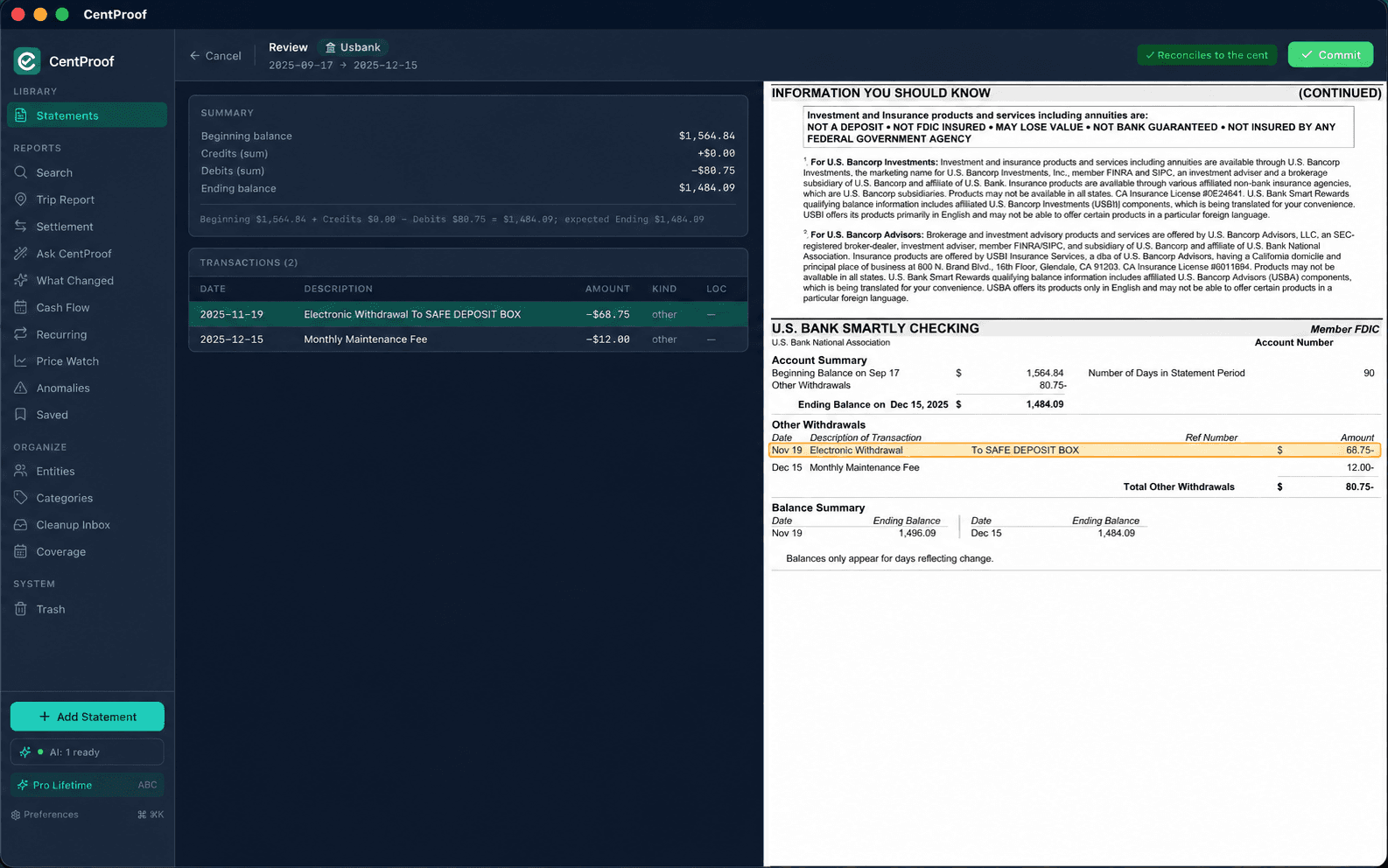 CentProof — Statements view